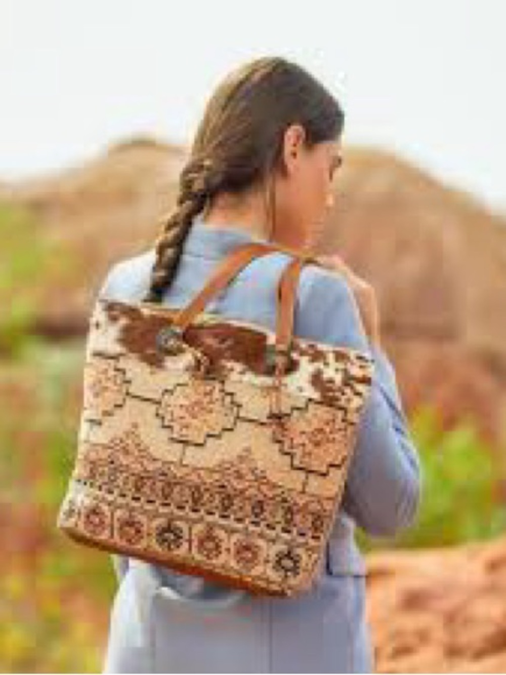 Myra bardic tote bag Woven Pattern Brown Cowhide boho western southwestern